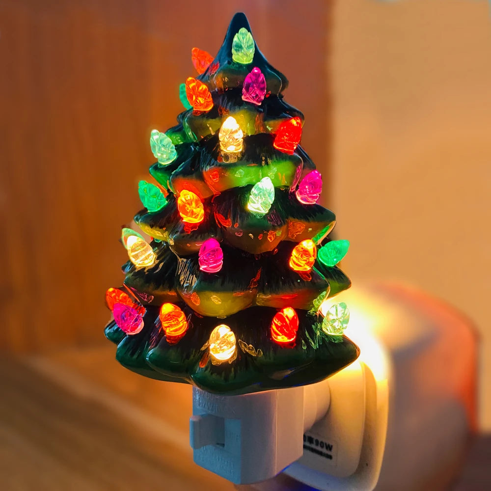 Ceramic Christmas Tree Night Light, Wall Plug In, Hand Painted 