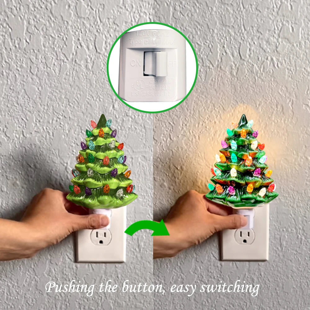 Ceramic Christmas Tree Night Light, Wall Plug In, Hand Painted 