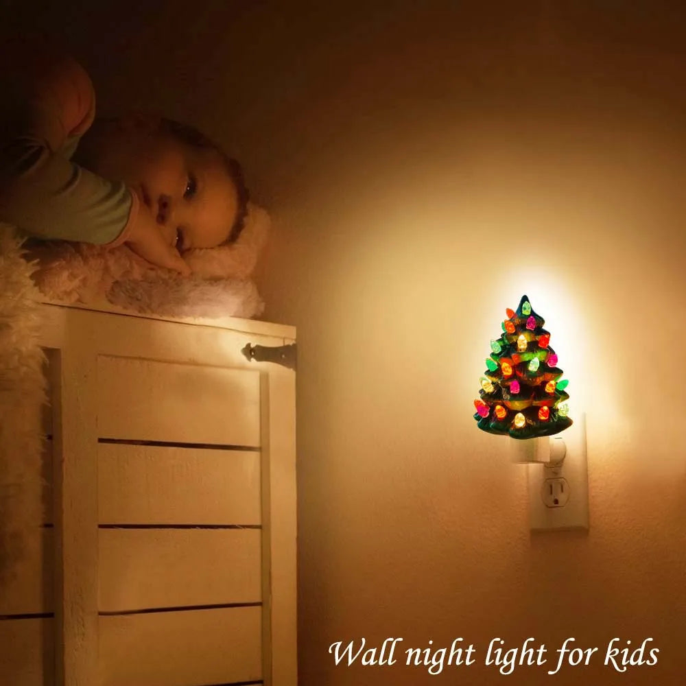 Ceramic Christmas Tree Night Light, Wall Plug In, Hand Painted 