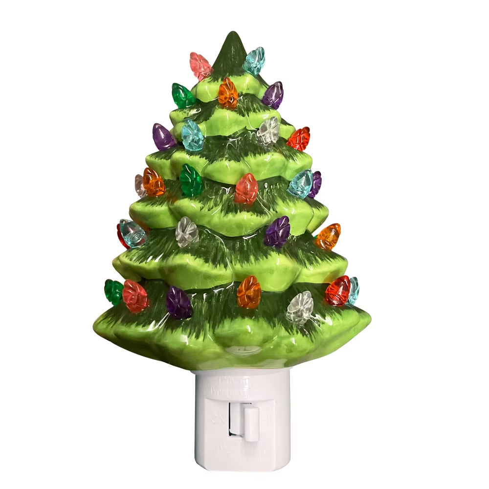 Ceramic Christmas Tree Night Light, Wall Plug In, Hand Painted 